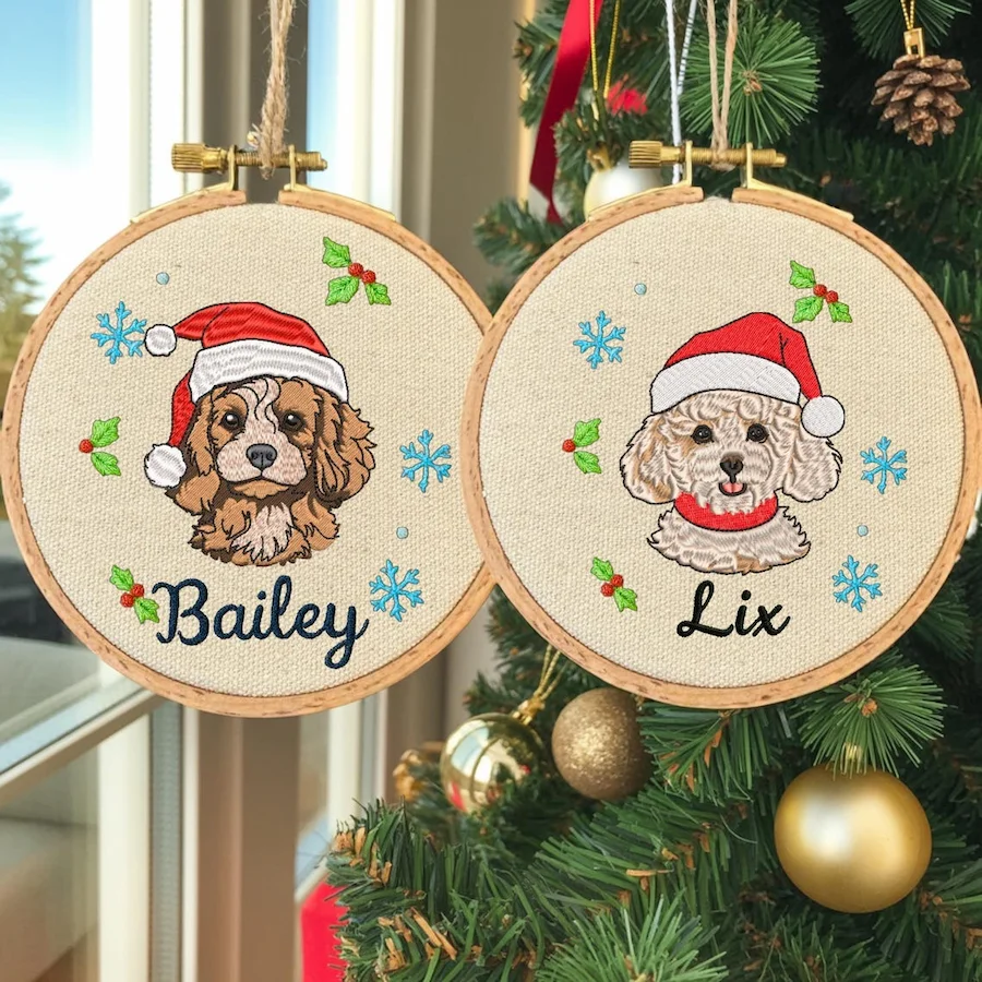 Embroidered Pet Face Portrait Christmas Ornament with Santa Hat and Name Custom Christmas Gift For Dog Cat Owners