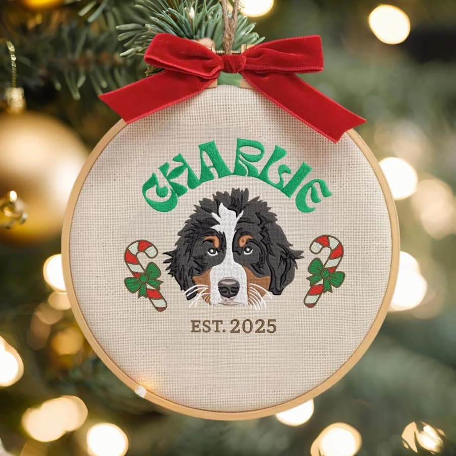 Custom Embroidered Pet Portrait with Name Christmas Ornament Gift For Dog Cat Owners Pet Lovers