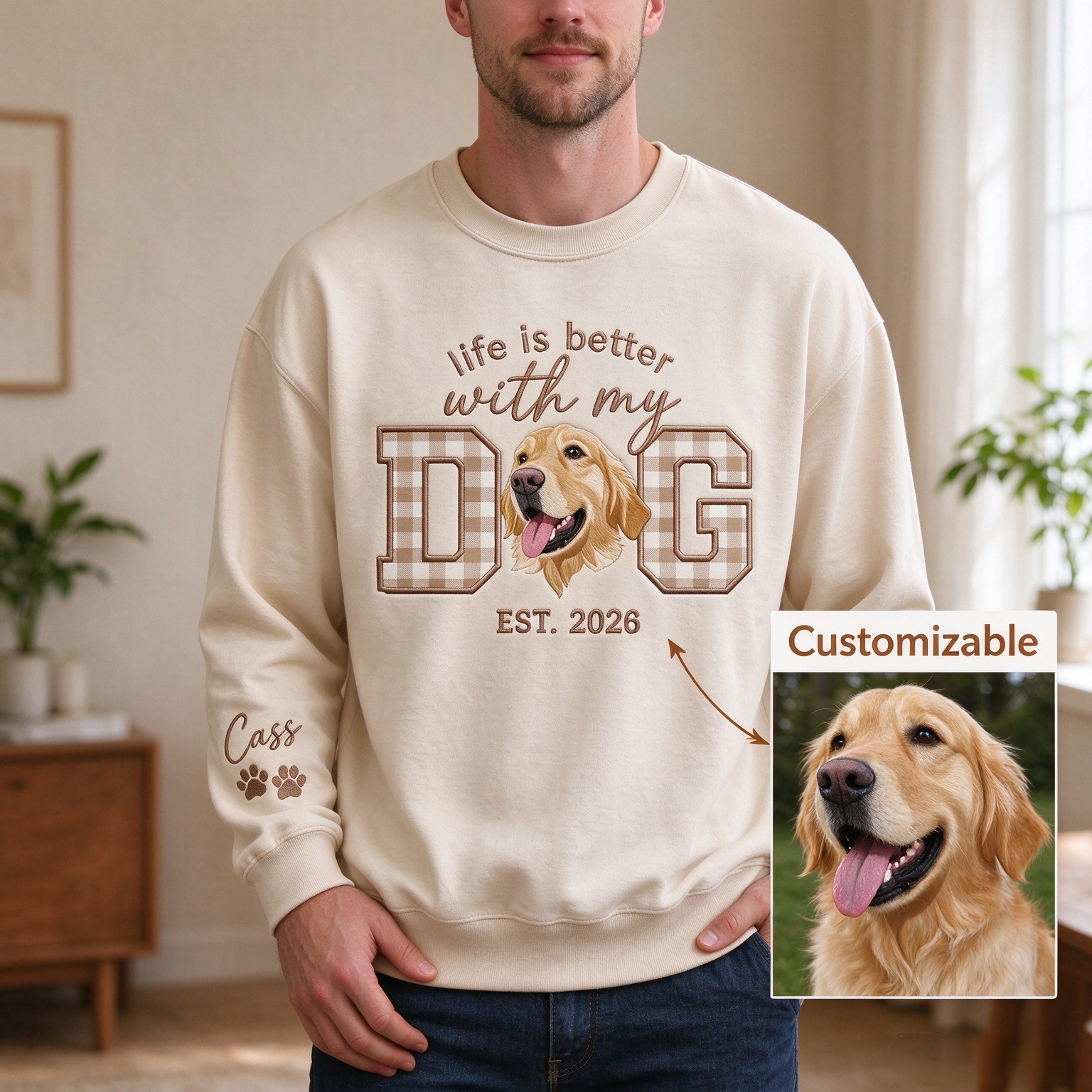 Life Is Better With My Pet Sweatshirt, Custom Pet Portrait Crewneck, Gingham Applique Pet Face, Personalized Pet Mom Gift