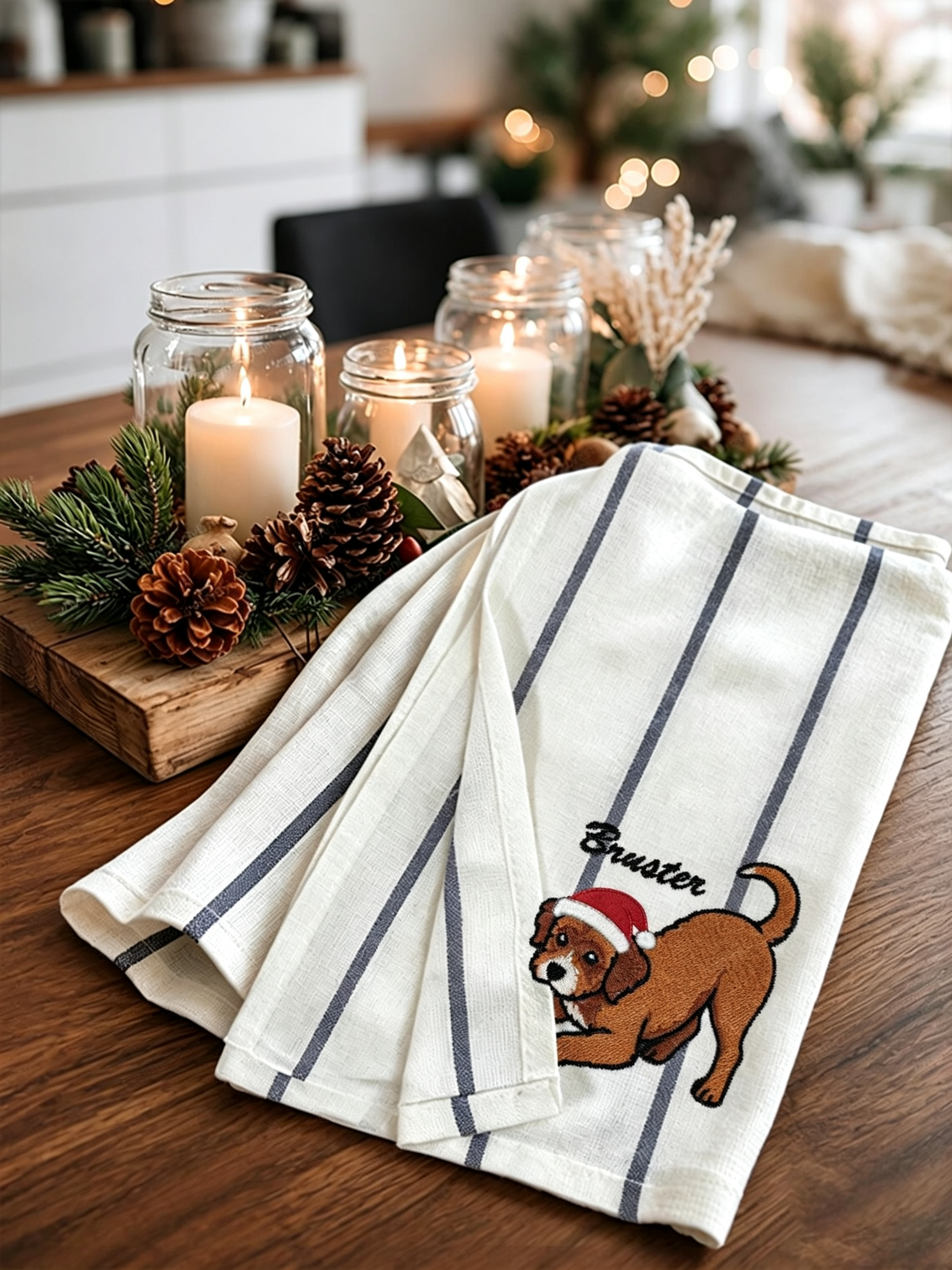Personalized Christmas Pet Portrait Embroidered Kitchen Towel with Name | Custom Dog & Cat Gift