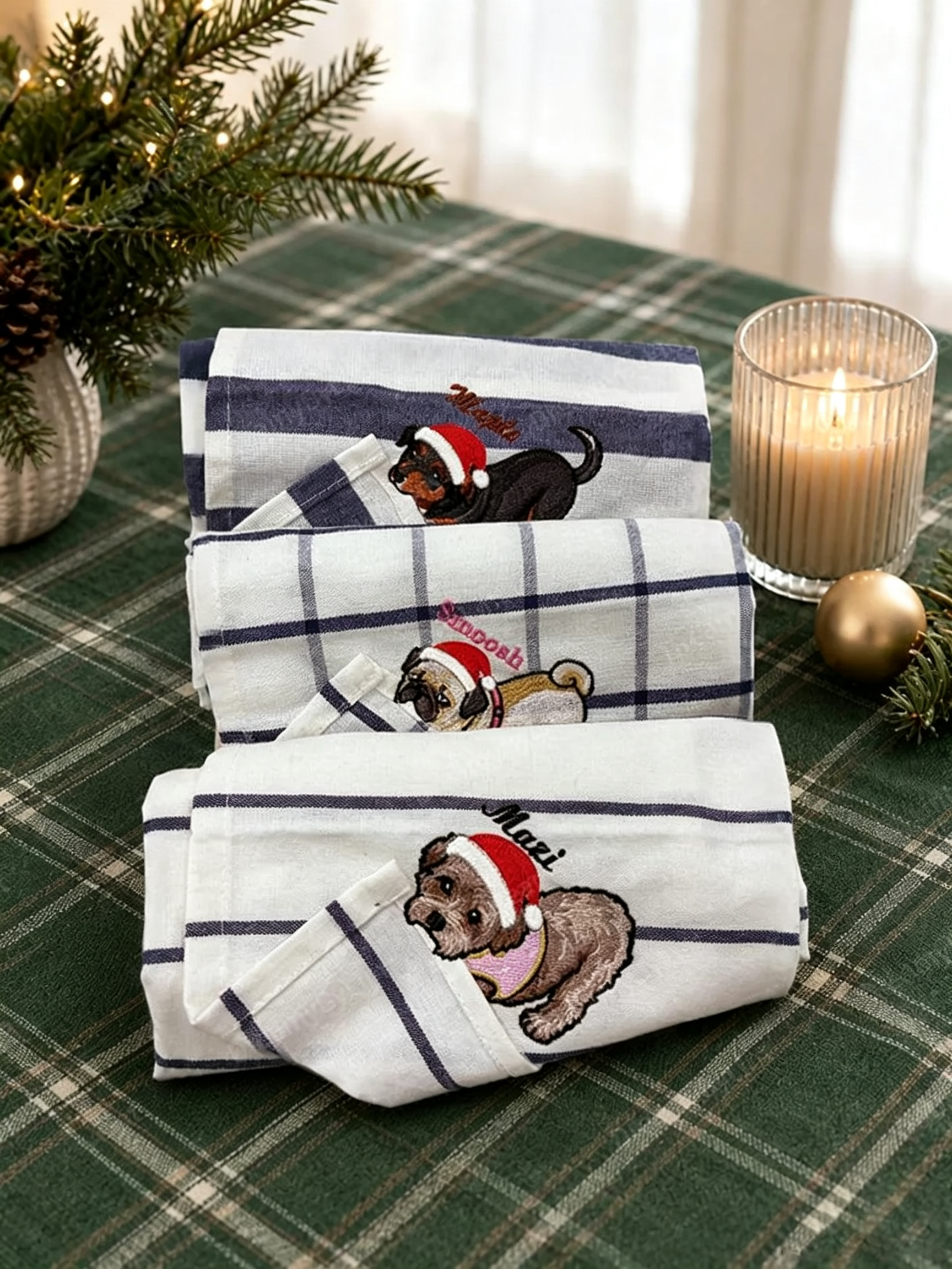 Personalized Christmas Pet Portrait Embroidered Kitchen Towel with Name | Custom Dog & Cat Gift