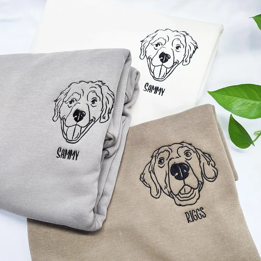 Custom Embroidered Dog Face Sweatshirt from Your Photo with Dog Names on Sleeve