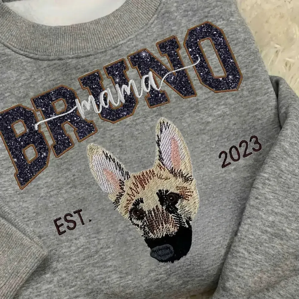 Glitter Custom Dog Face Embroidered Sweatshirt, Personalized Pet Crewneck Hoodie, Embroidered Cat Crewneck, Gift for Dog Mom 