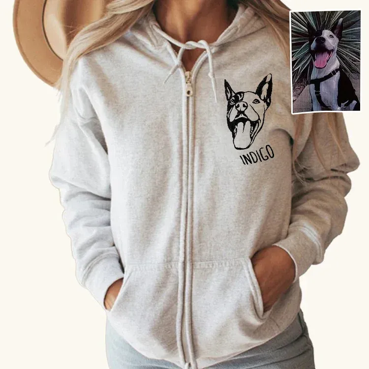 Custom Pet Portrait Embroidered Portrait Hooded Zip Up Hoodie