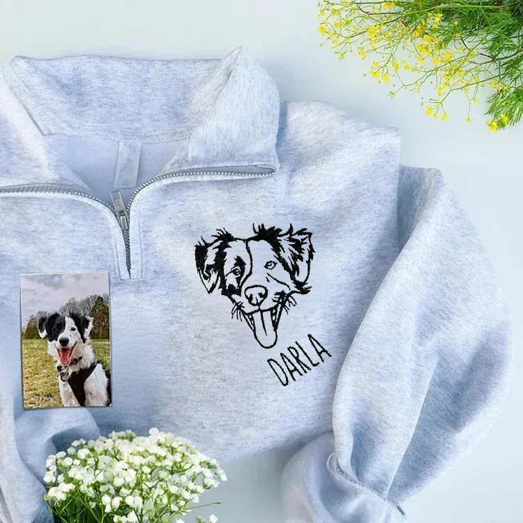 Custom Pet Portrait Embroidered  Pet Face Quarter Zip Sweatshirt