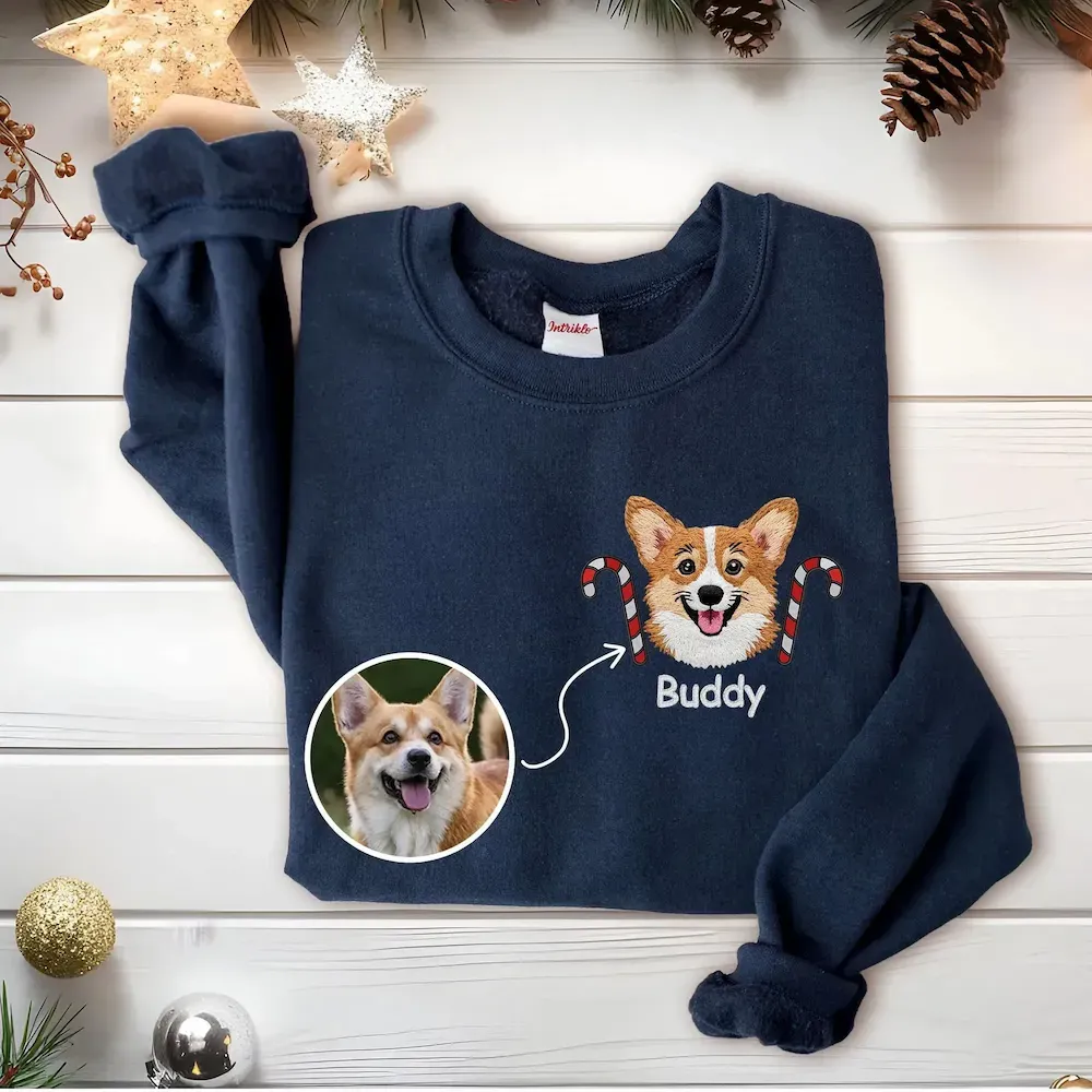 Custom Pet Portrait Christmas Hat Candy Wreath Embroidery Sweatshirt, Hoodie, T-Shirt