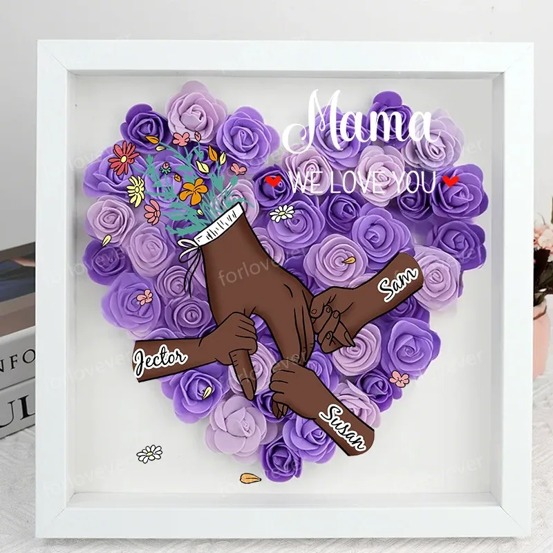 Personalized Flower Shadow Box With Led Light (Rainbow Light) - Family Love Blooms Forever