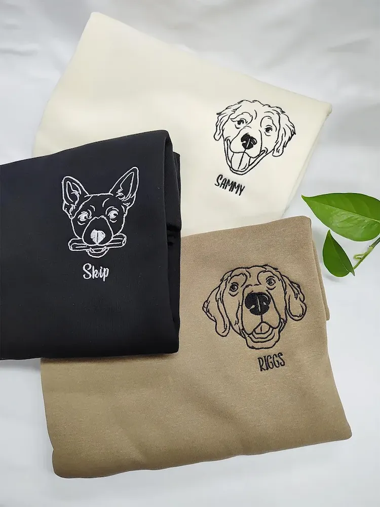 Custom Embroidered Dog Face Sweatshirt from Your Photo with Dog Names on Sleeve
