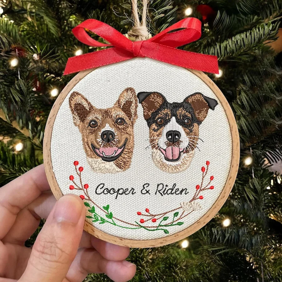 Personalized Embroidered Pet Portrait Ornament – Custom Pet Memorial Gift Christmas Tree Keepsake for Pet Lovers
