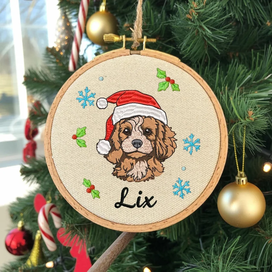 Embroidered Pet Face Portrait Christmas Ornament with Santa Hat and Name Custom Christmas Gift For Dog Cat Owners