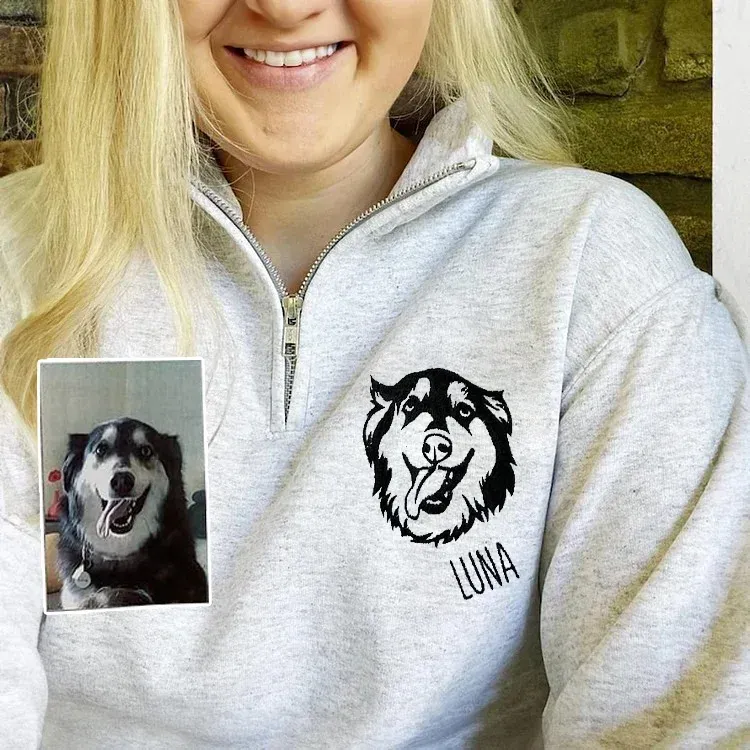 Custom Pet Portrait Embroidered  Pet Face Quarter Zip Sweatshirt