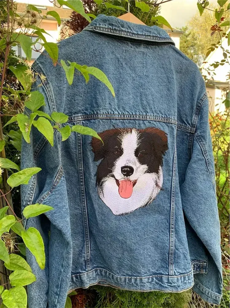 Denim Jacket With Custom Pet Portrait Embroidery On The Back