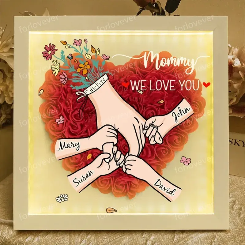 Personalized Flower Shadow Box With Led Light (Rainbow Light) - Family Love Blooms Forever