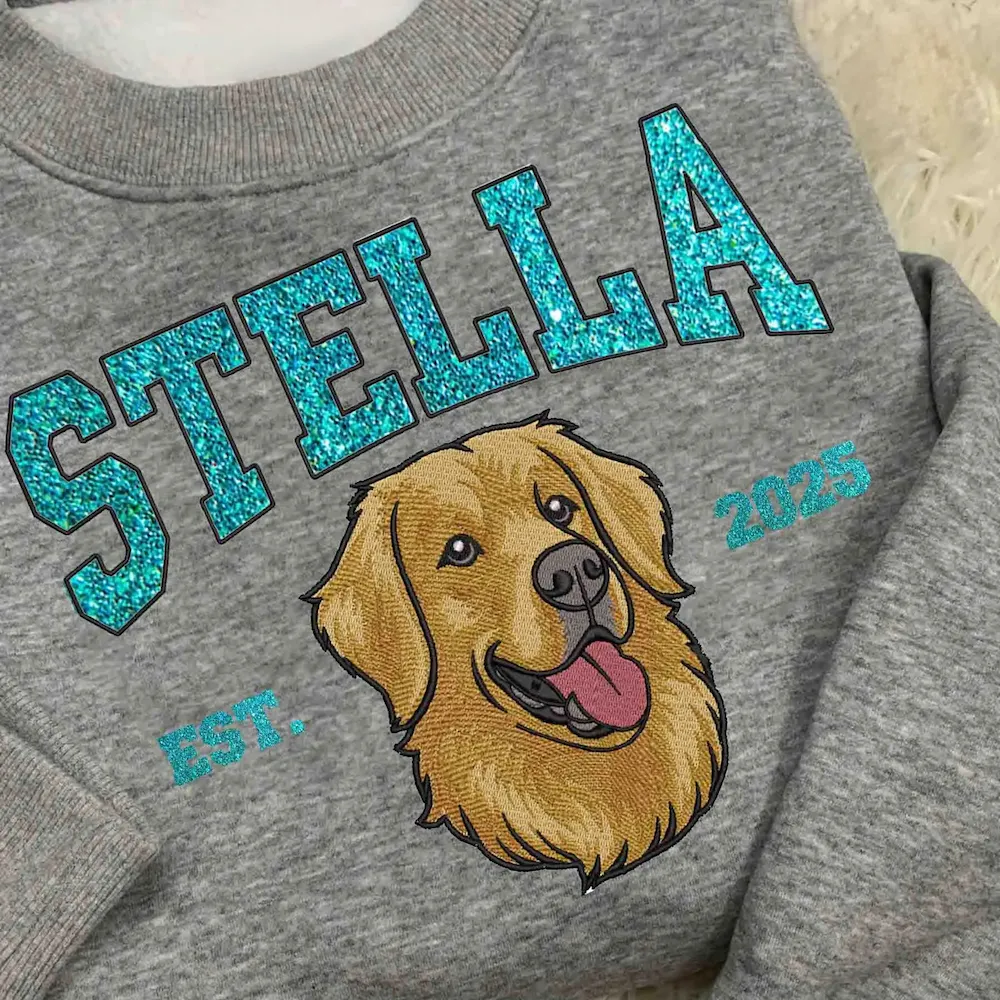 Glitter Custom Dog Face Embroidered Sweatshirt, Personalized Pet Crewneck Hoodie, Embroidered Cat Crewneck, Gift for Dog Mom 