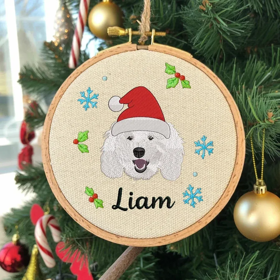 Embroidered Pet Face Portrait Christmas Ornament with Santa Hat and Name Custom Christmas Gift For Dog Cat Owners