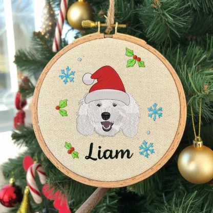 Embroidered Pet Face Portrait Christmas Ornament with Santa Hat and Name Custom Christmas Gift For Dog Cat Owners