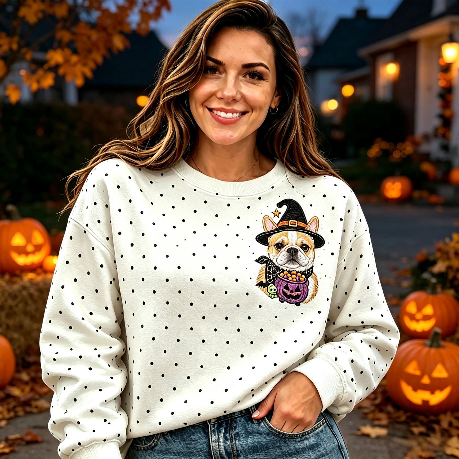 Custom Pet Portrait Full Color Embroidered Polka Dot Sweatshirt，Halloween Gifts