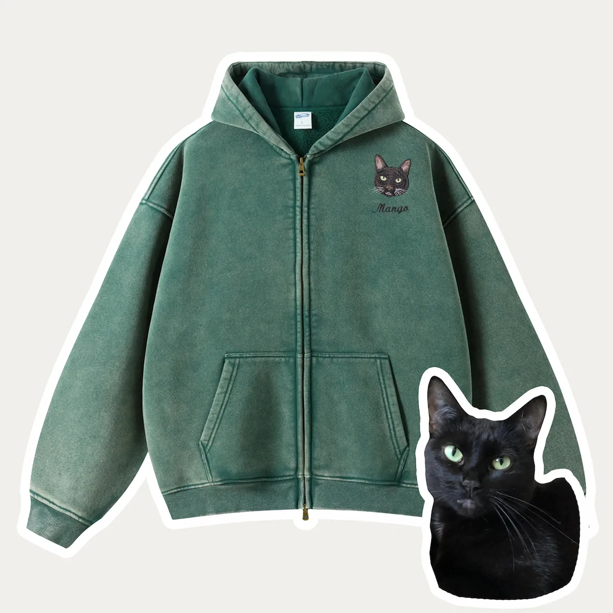 Custom Pet Embroidered Vintage Zip-Up Hoodie