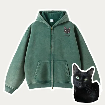 Custom Pet Embroidered Vintage Zip-Up Hoodie