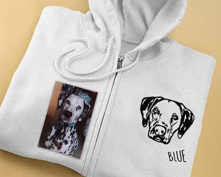 Custom Pet Portrait Embroidered Portrait Hooded Zip Up Hoodie