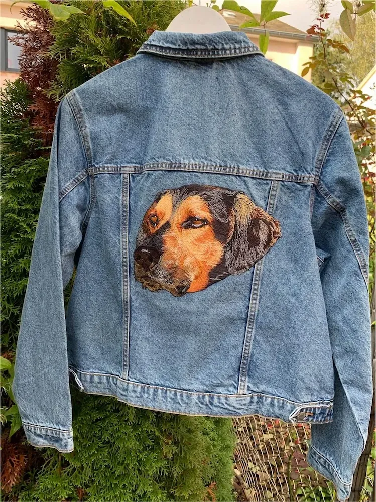 Denim Jacket With Custom Pet Portrait Embroidery On The Back