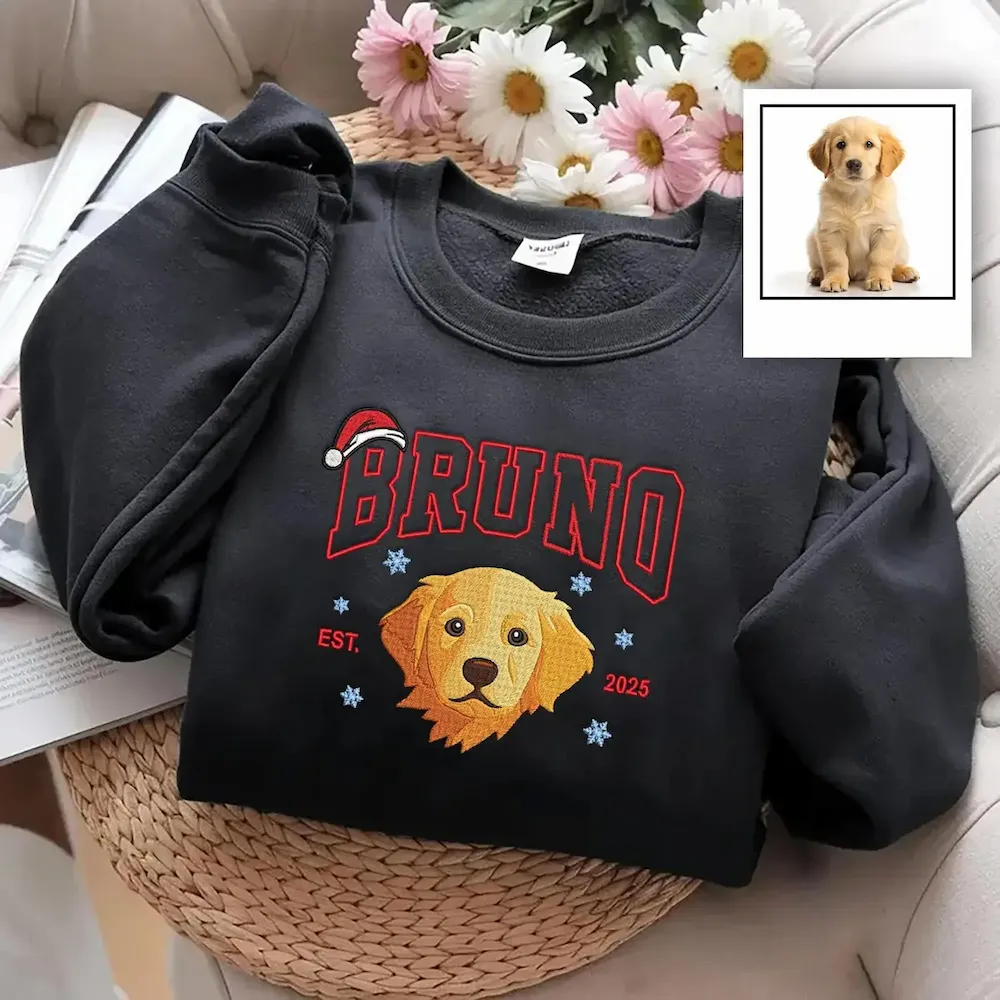 Personalized Pet Photo Christmas Embroidered Sweatshirts, Hoodies, T-Shirts