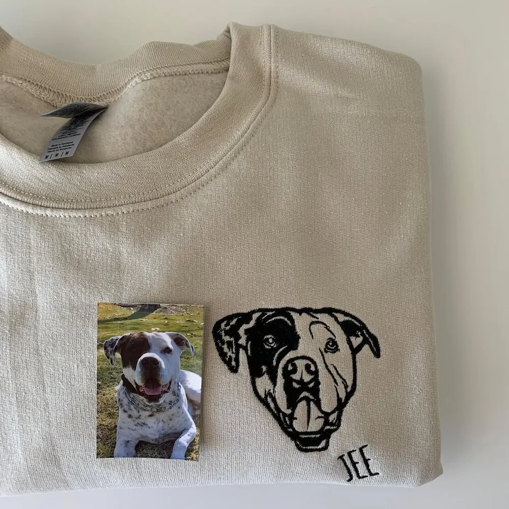 Custom Dog Dad Sweatshirt Embroidered Pet Face Name Portraits Photo on Sleeve