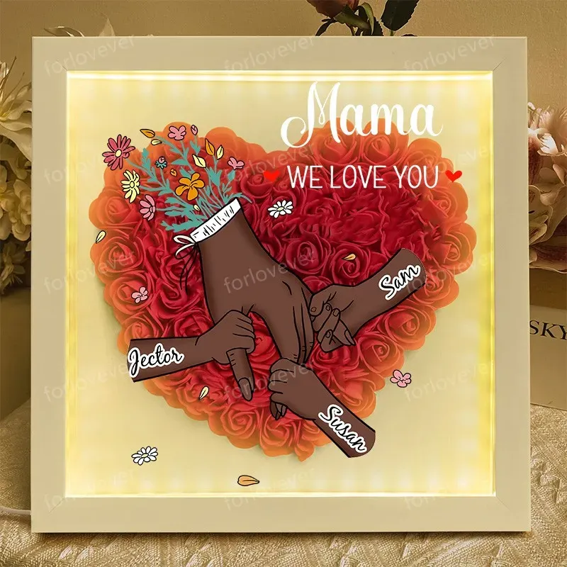 Personalized Flower Shadow Box With Led Light (Rainbow Light) - Family Love Blooms Forever