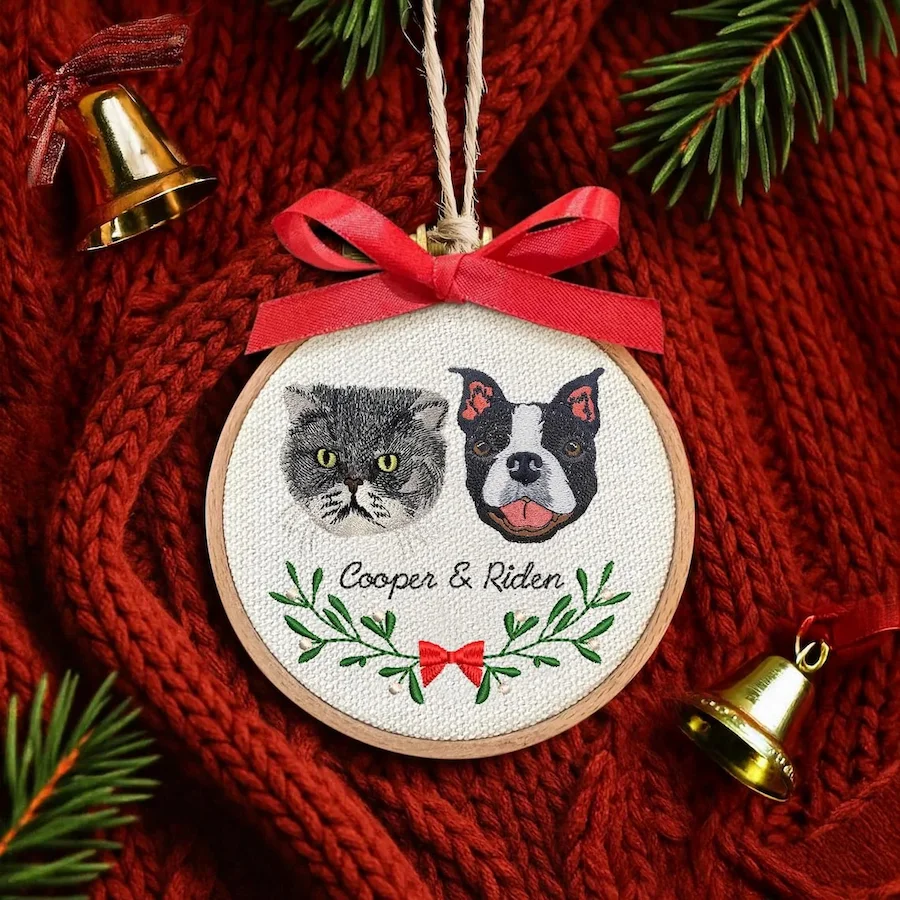 Personalized Embroidered Pet Portrait Ornament – Custom Pet Memorial Gift Christmas Tree Keepsake for Pet Lovers
