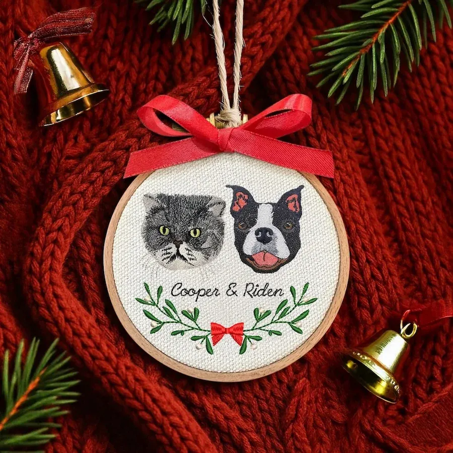 Personalized Embroidered Pet Portrait Ornament – Custom Pet Memorial Gift Christmas Tree Keepsake for Pet Lovers