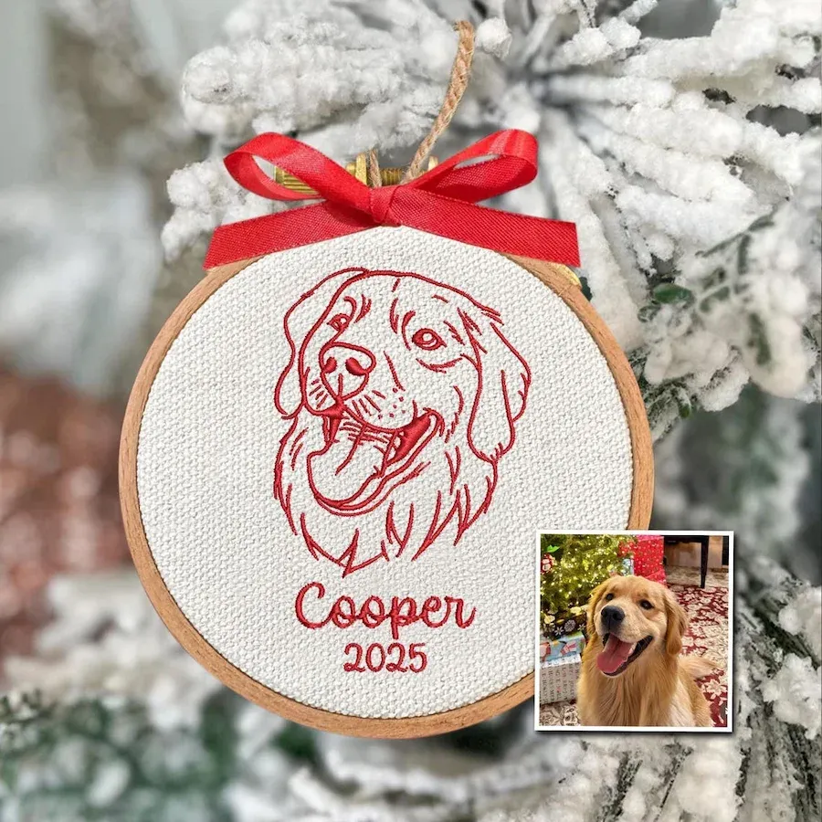 Custom Embroidered Dog Face Portrait Christmas Ornament Keepsake Gift For Dog Cat Owners Pet Lovers