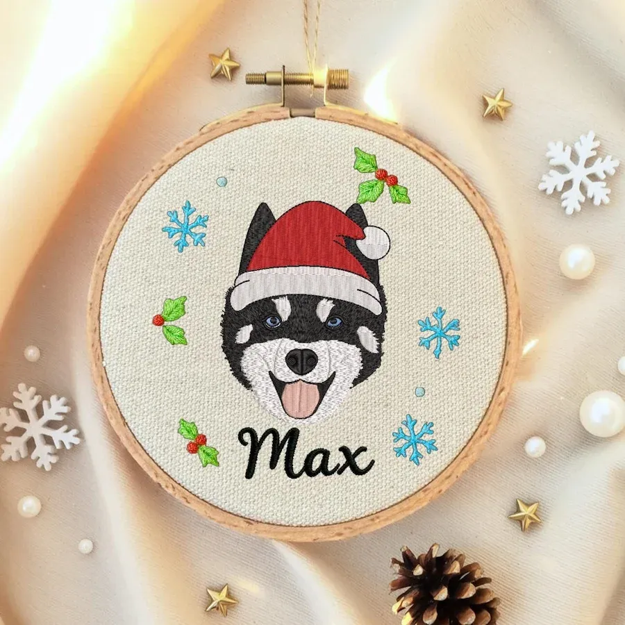 Embroidered Pet Face Portrait Christmas Ornament with Santa Hat and Name Custom Christmas Gift For Dog Cat Owners