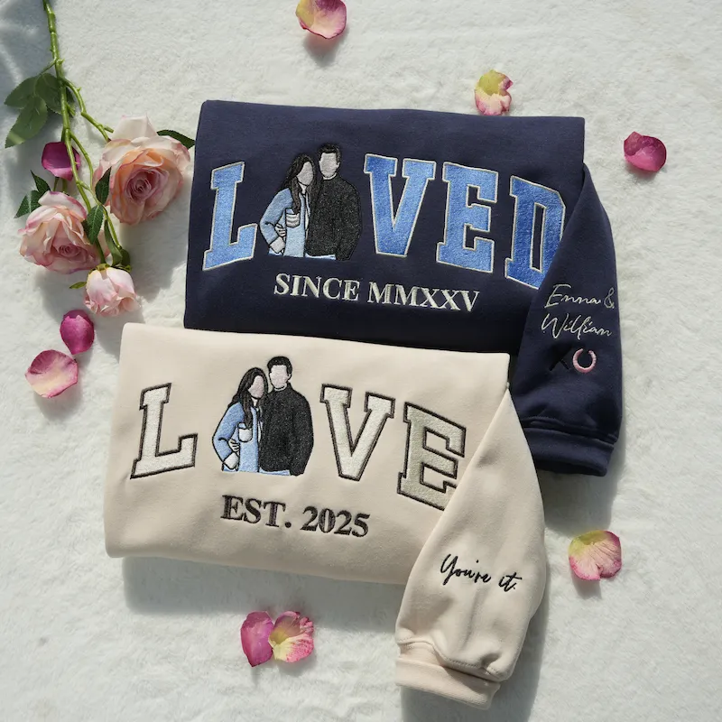 Personalized Embroidered Photo Couple LOVE & LOVED Sweatshirt/Hoodie/T-shirt Set