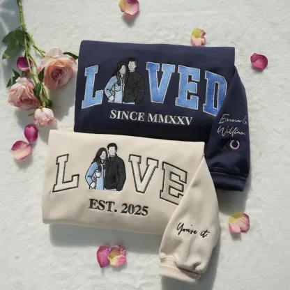 Personalized Embroidered Photo Couple LOVE & LOVED Sweatshirt/Hoodie/T-shirt Set