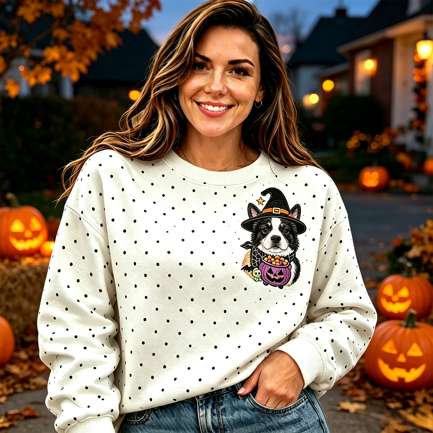 Custom Pet Portrait Full Color Embroidered Polka Dot Sweatshirt，Halloween Gifts