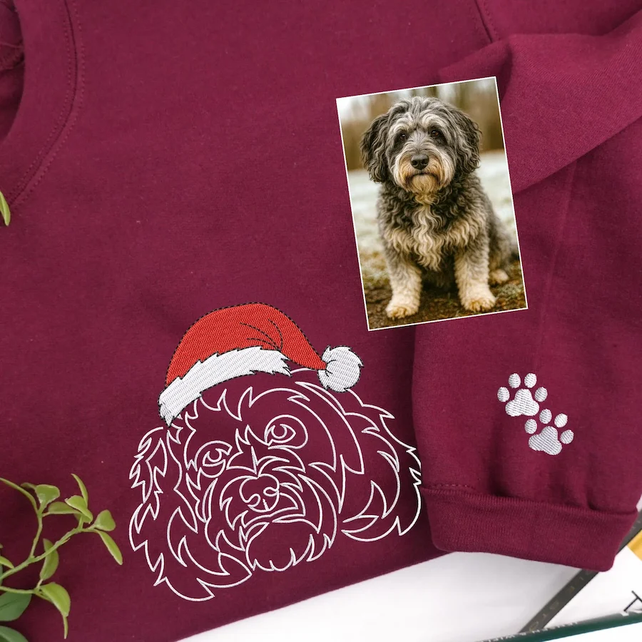 Custom Pet Photo Outline Embroidery Christmas Sweatshirt, Hoodie, T-Shirt