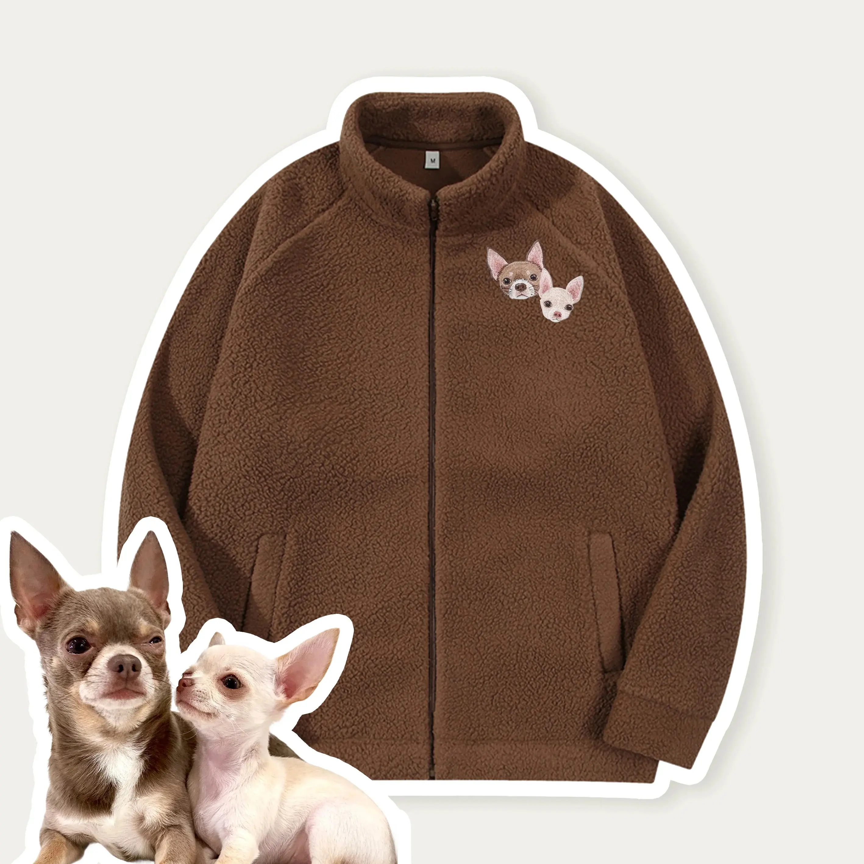 Custom Pet Embroidered Portrait Zip-up Sherpa Jacket