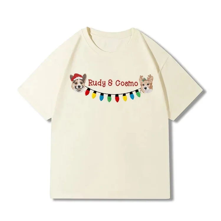 Custom 2 Pets Portrait and Christmas String Lights Embroidered Sweatshirt, Hoodie, T-shirt-forlovever