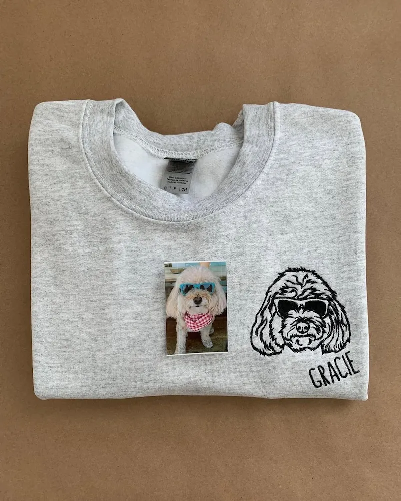 Custom Dog Dad Sweatshirt Embroidered Pet Face Name Portraits Photo on Sleeve