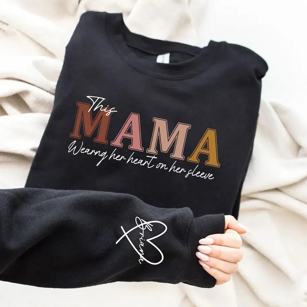 Personalized This Belongs to mum-Wear Heart On Sleeve Mama Sweatshirt with Kid Names on Sleeves-Mother's Day