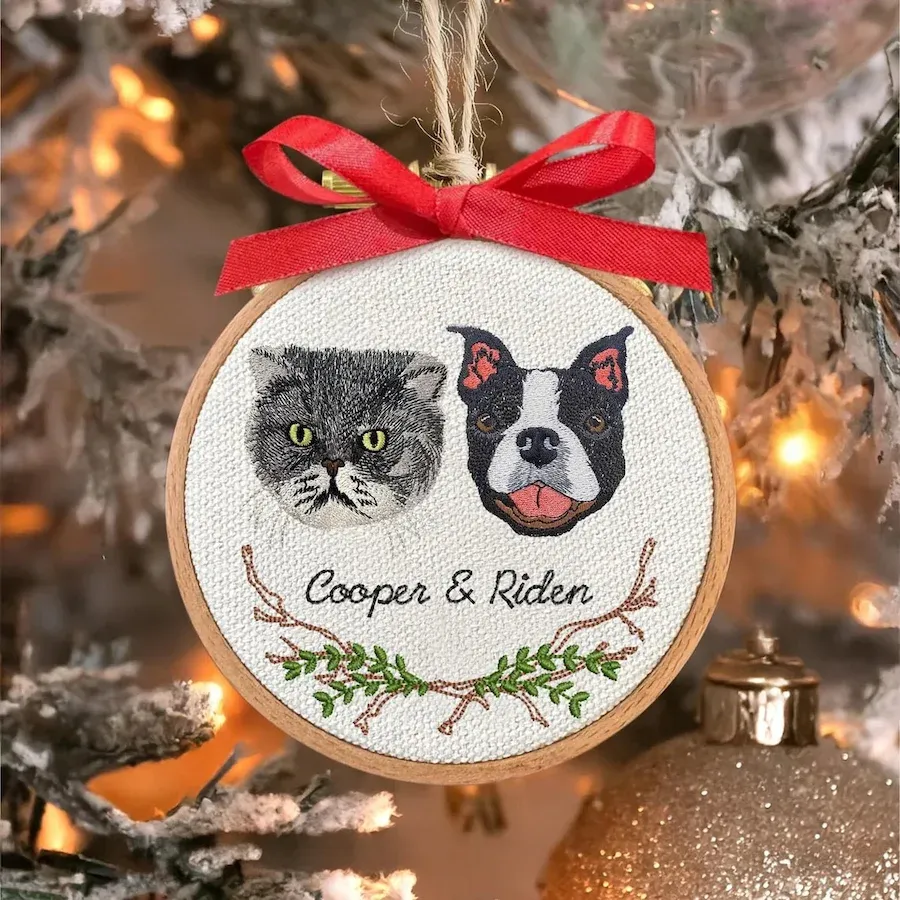 Personalized Embroidered Pet Portrait Ornament – Custom Pet Memorial Gift Christmas Tree Keepsake for Pet Lovers