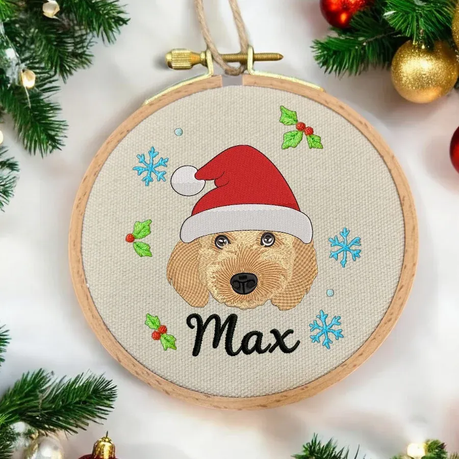 Embroidered Pet Face Portrait Christmas Ornament with Santa Hat and Name Custom Christmas Gift For Dog Cat Owners