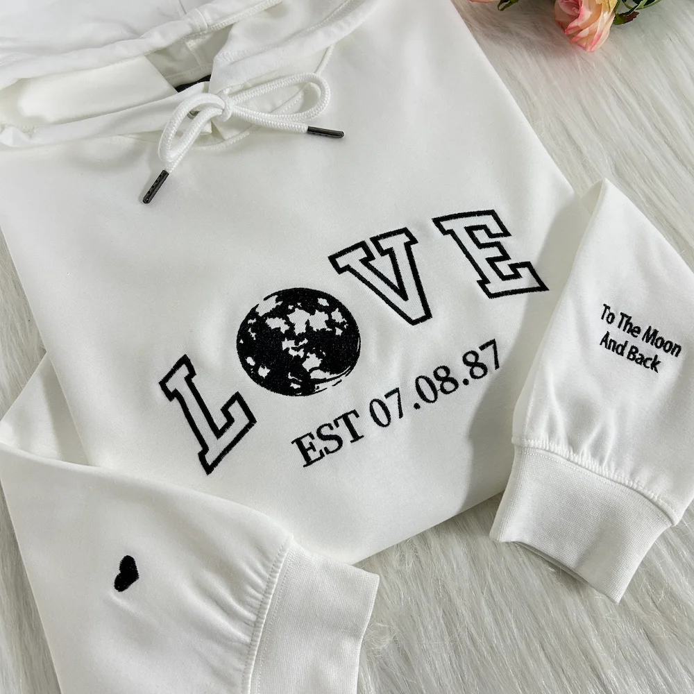 Custom "Two Hearts, One Moon" Anniversary/Birthday LOVE Embroidered EST Year Hoodie