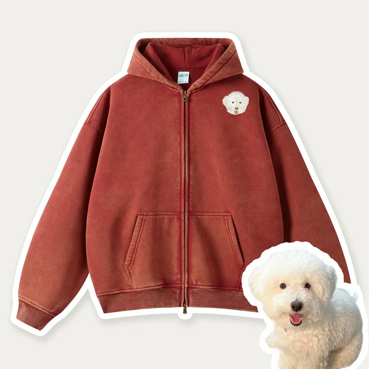Custom Pet Embroidered Vintage Zip-Up Hoodie