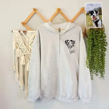 Custom Pet Portrait Embroidered Portrait Hooded Zip Up Hoodie