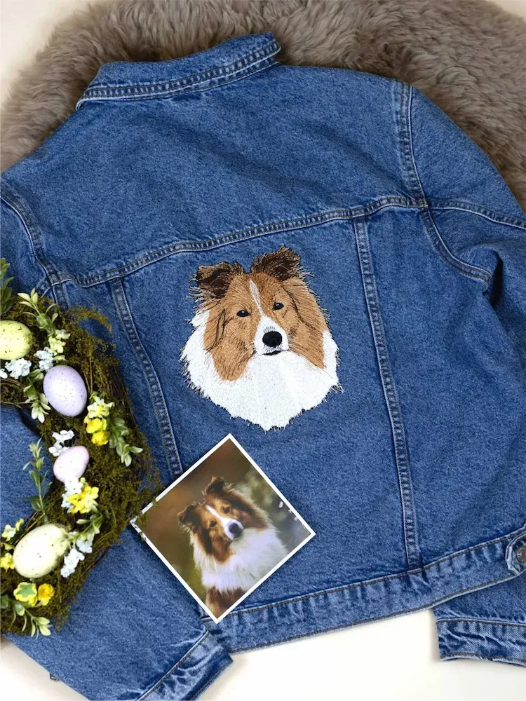 Denim Jacket With Custom Pet Portrait Embroidery On The Back