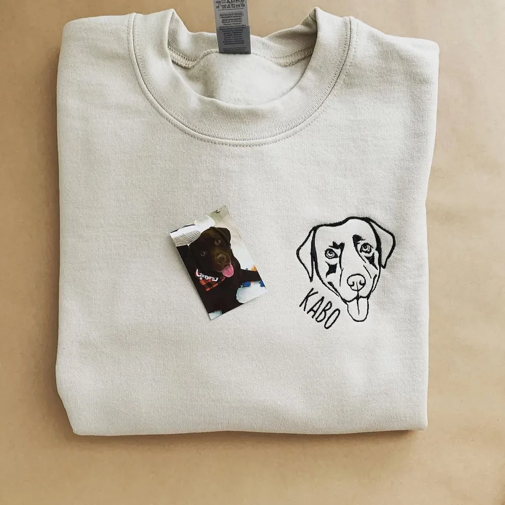 Custom Dog Dad Sweatshirt Embroidered Pet Face Name Portraits Photo on Sleeve