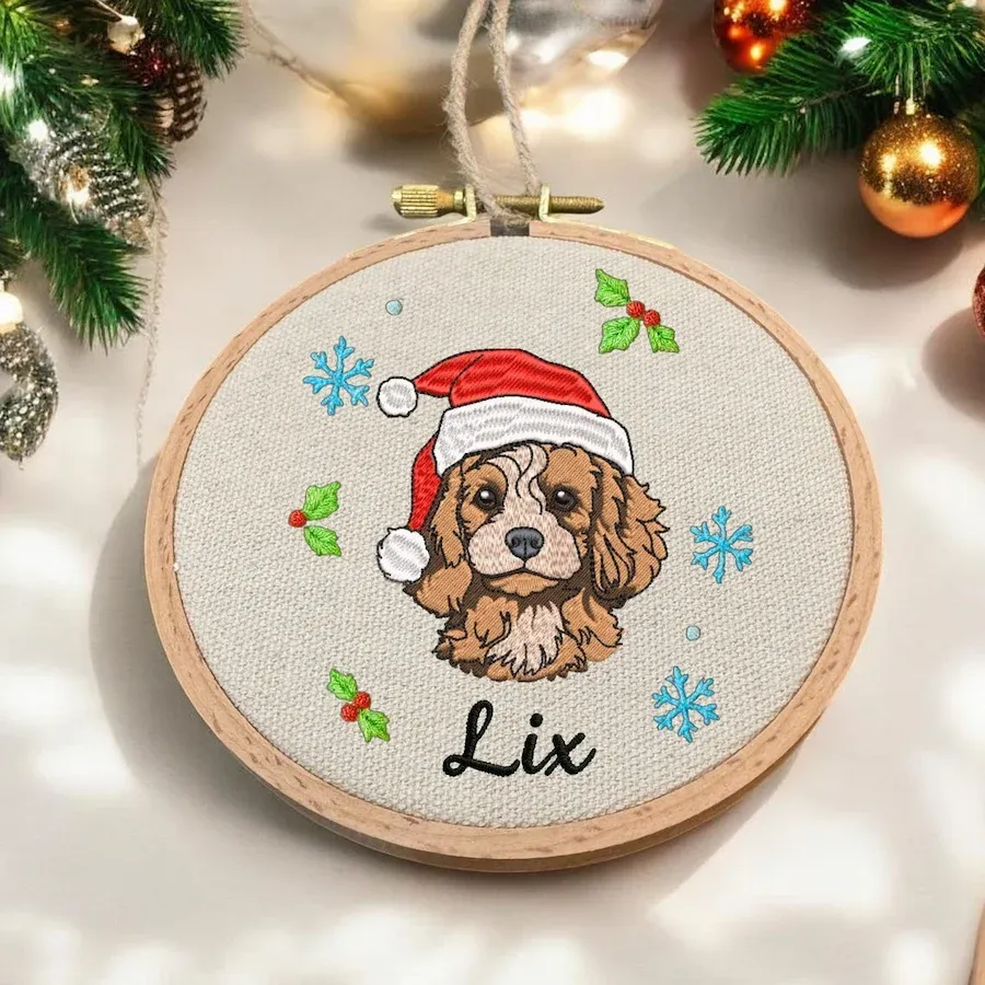 Embroidered Pet Face Portrait Christmas Ornament with Santa Hat and Name Custom Christmas Gift For Dog Cat Owners