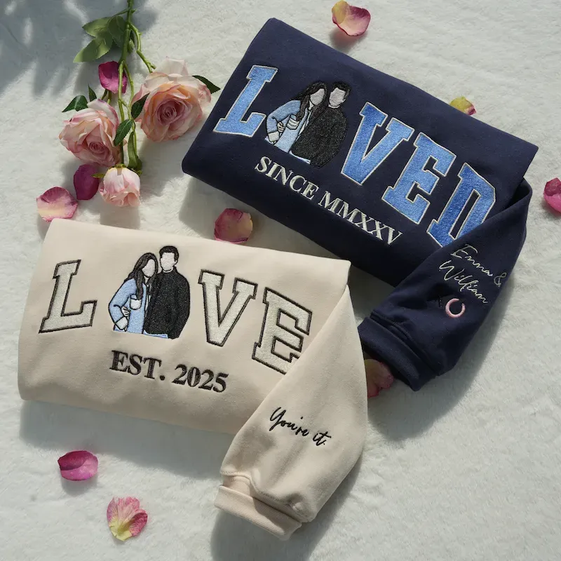 Personalized Embroidered Photo Couple LOVE & LOVED Sweatshirt/Hoodie/T-shirt Set