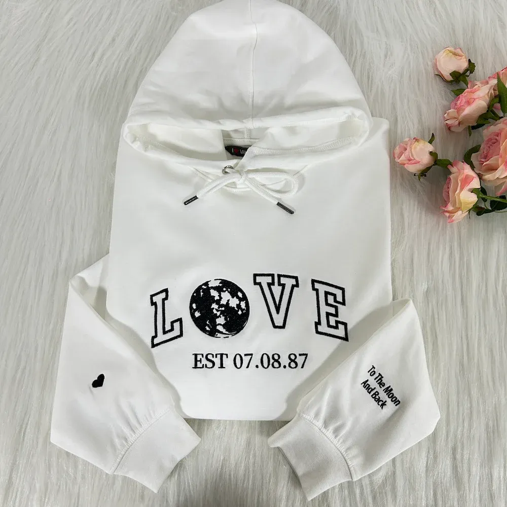 Custom "Two Hearts, One Moon" Anniversary/Birthday LOVE Embroidered EST Year Hoodie